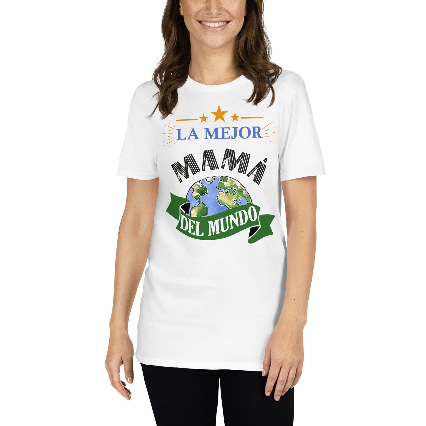 mujer con camiseta la mejor mama del mundo blanca