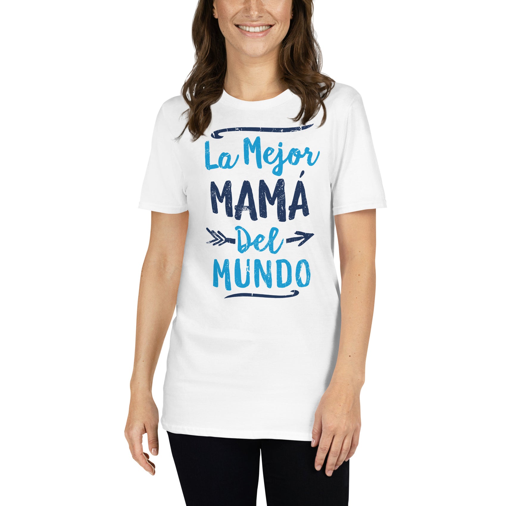 mujer con camiseta la mejor mama del mundo blanca