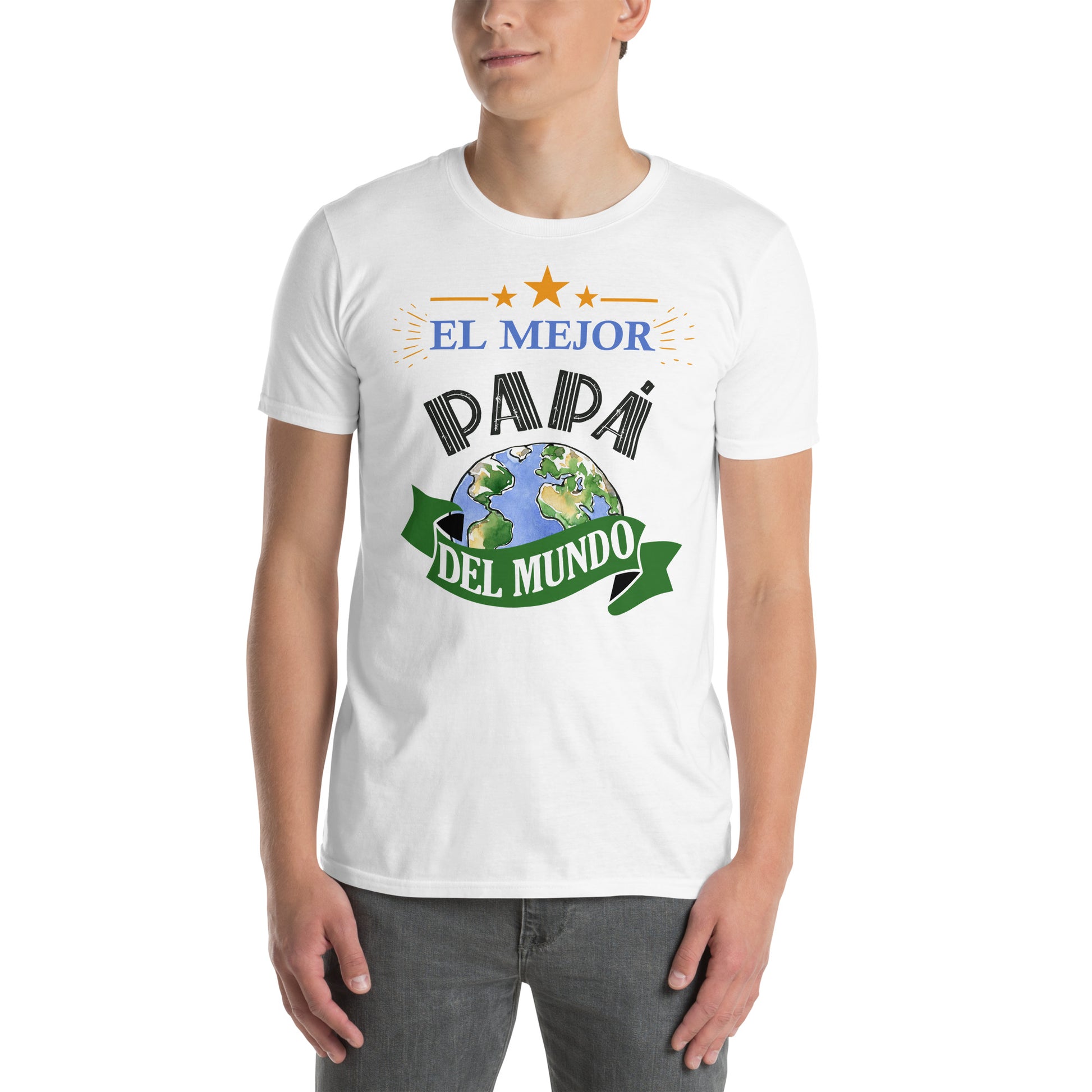 hombre con camiseta el mejor papa del mundo blanca