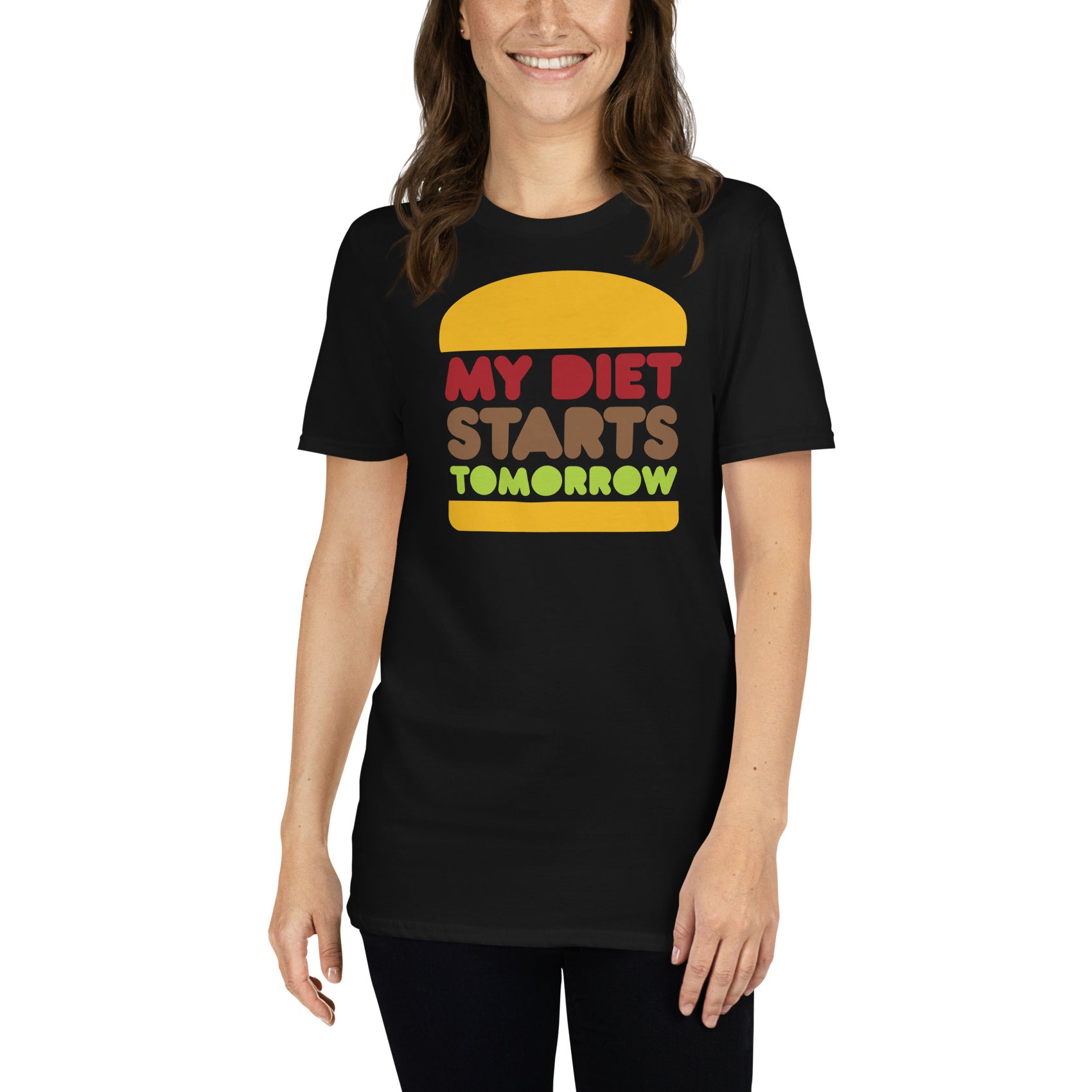 mujer con camiseta mi dieta empieza manana hamburguesa en color negro