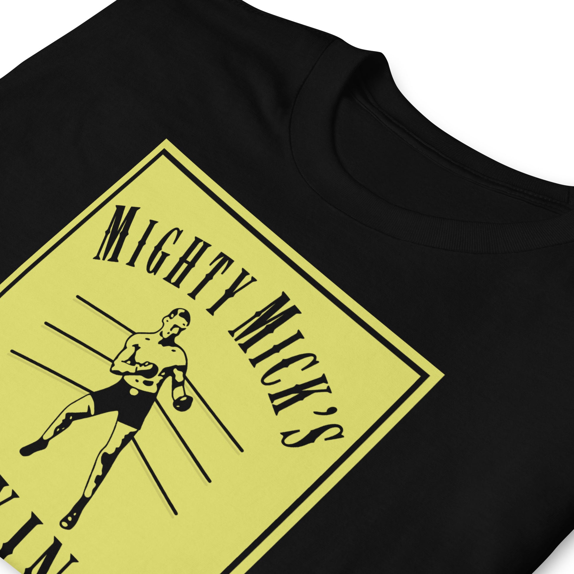 detalle de camiseta mighty micks boxing gym rocky negra