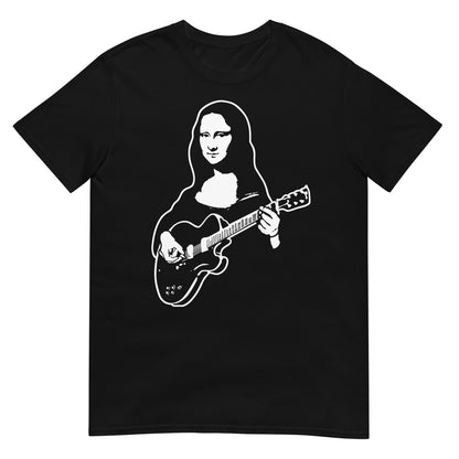 camiseta mona lisa con guitarra electrica la gioconda rock en color negro