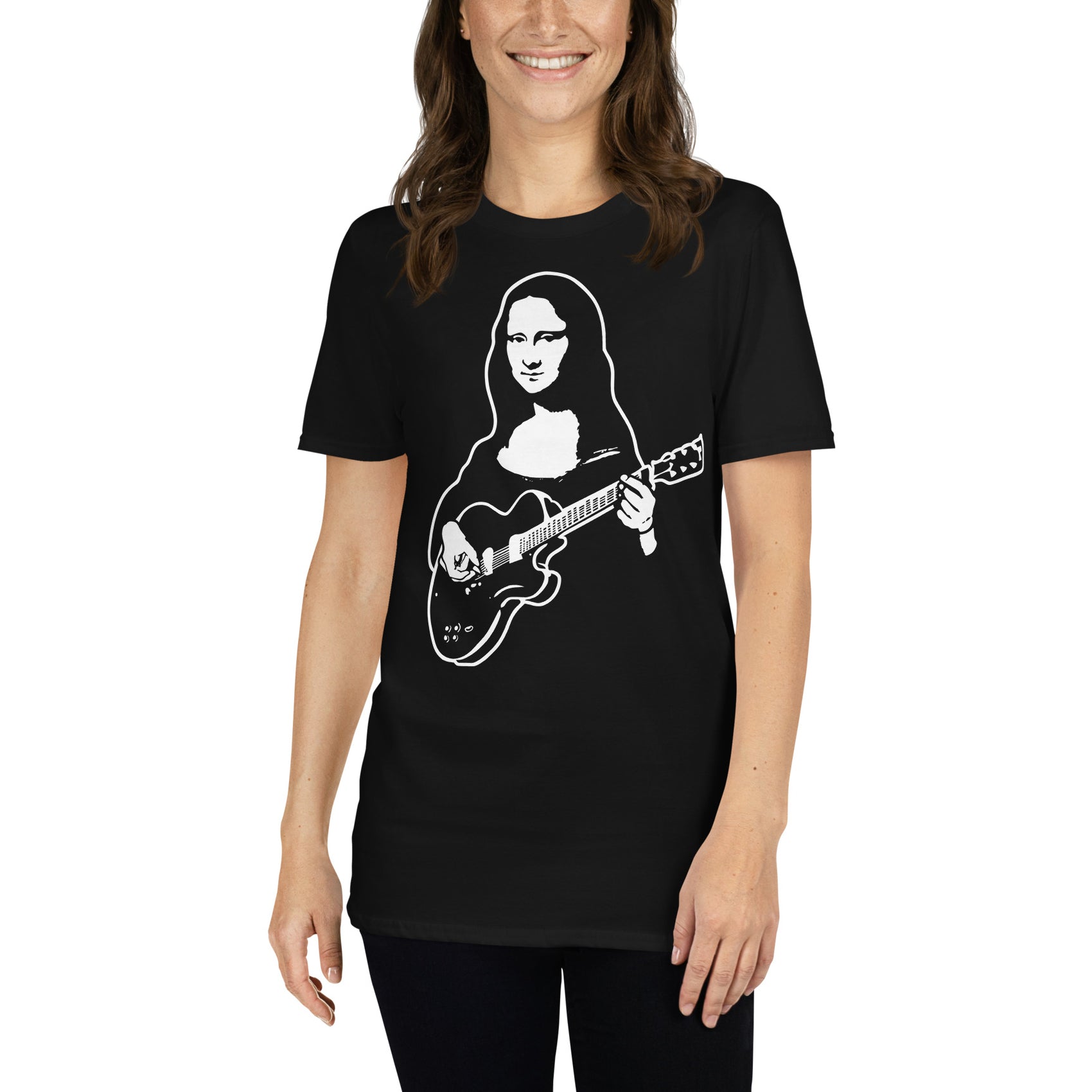 mujer con camiseta mona lisa con guitarra electrica la gioconda rock en color negro