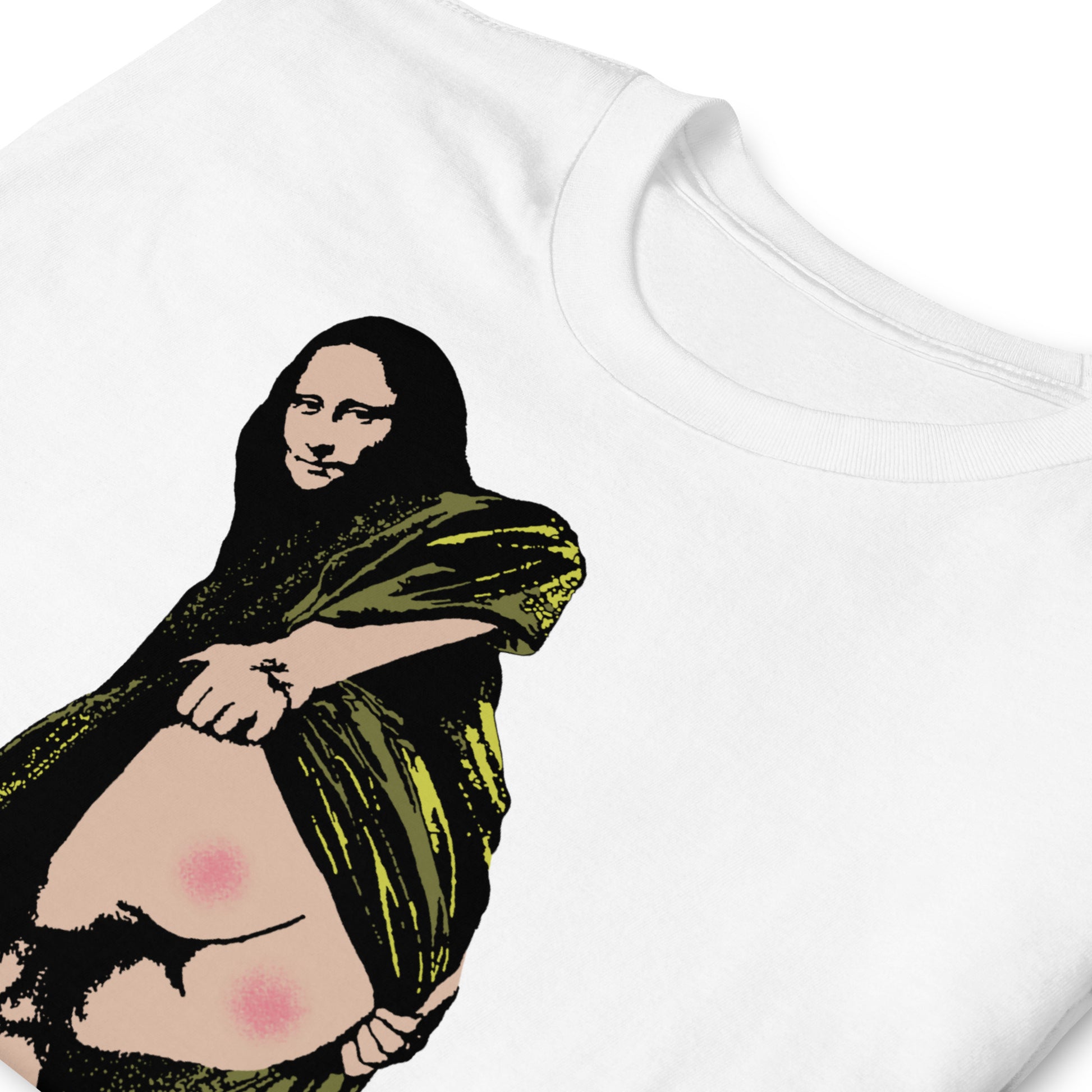 detalle de camiseta mona lisa culo banksy blanca
