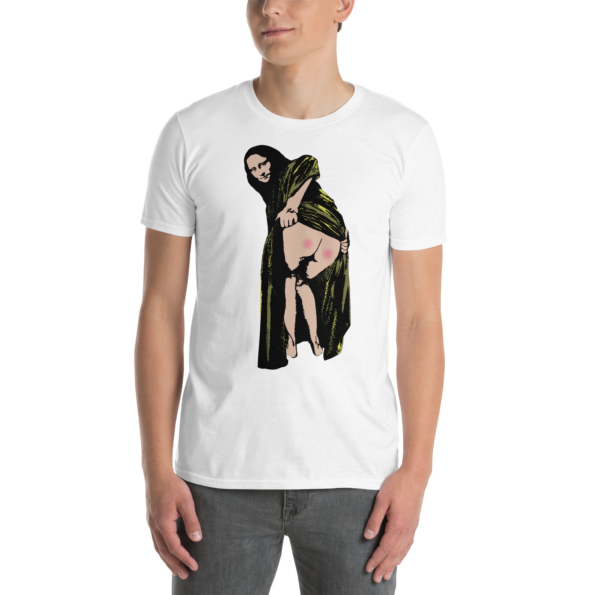 hombre con camiseta mona lisa culo banksy blanca