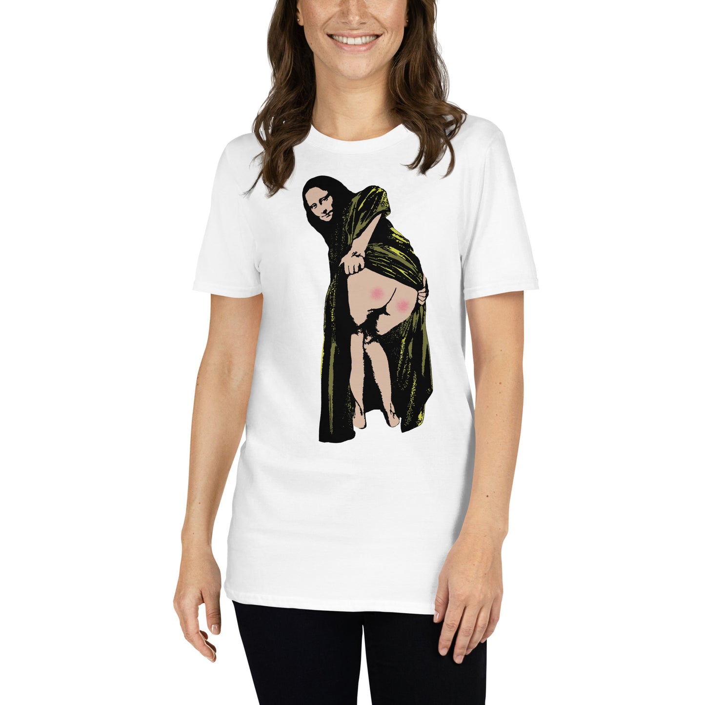 mujer con camiseta mona lisa culo banksy blanca