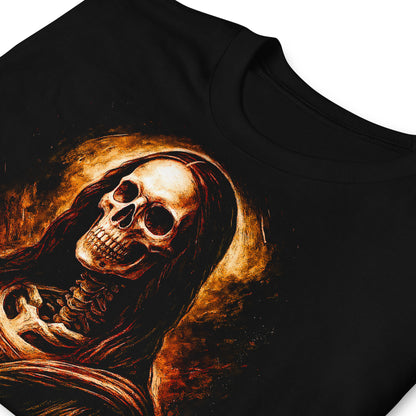 detalle de camiseta mona lisa esqueleto negra