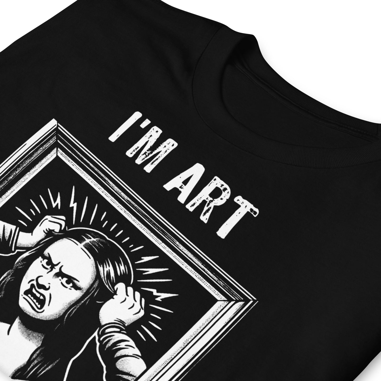 detalle de camiseta mona lisa im art estoy harta negra
