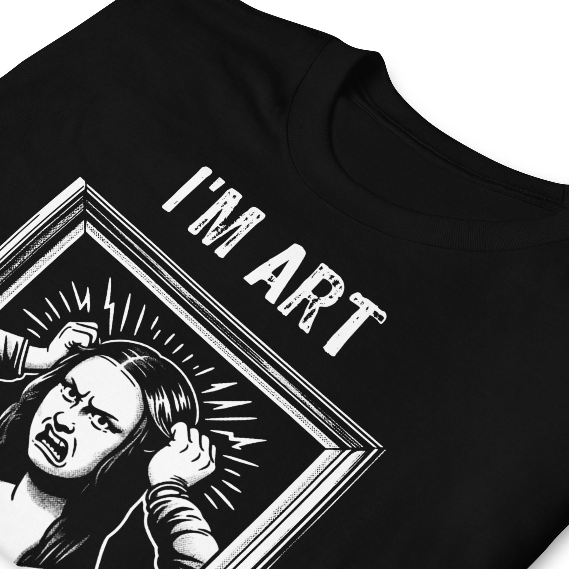 detalle de camiseta mona lisa im art estoy harta negra