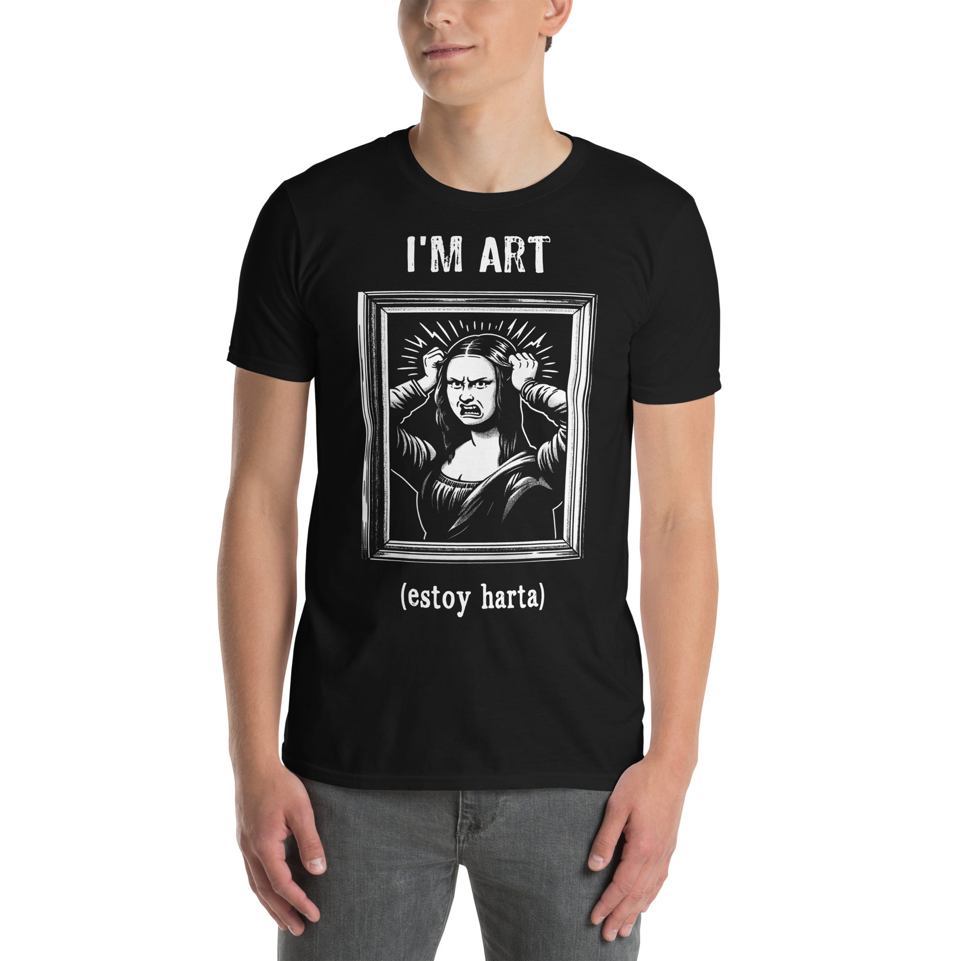 hombre con camiseta mona lisa im art estoy harta negra