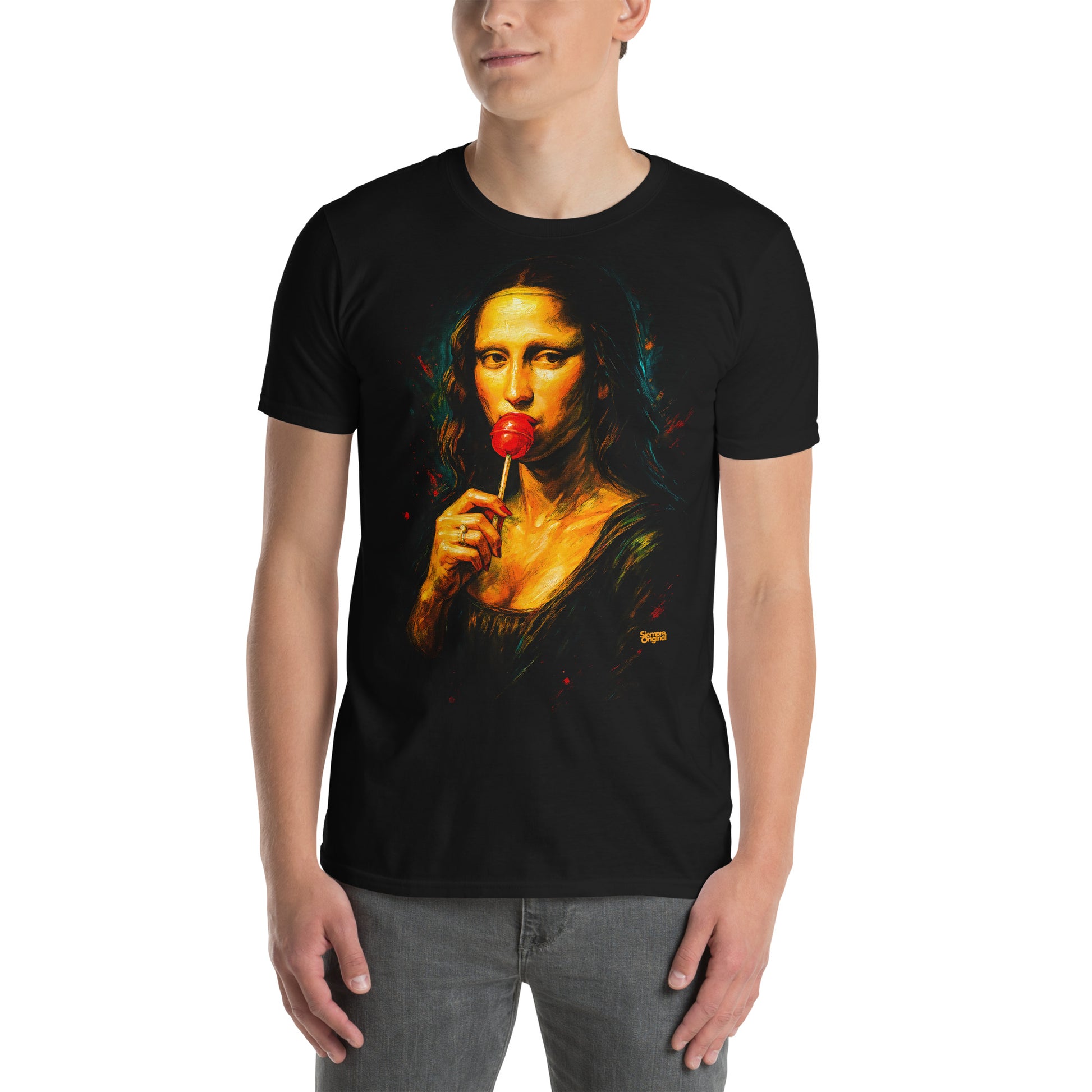 hombre con camiseta mona lisa gioconda lollipop urbanwear en color negro