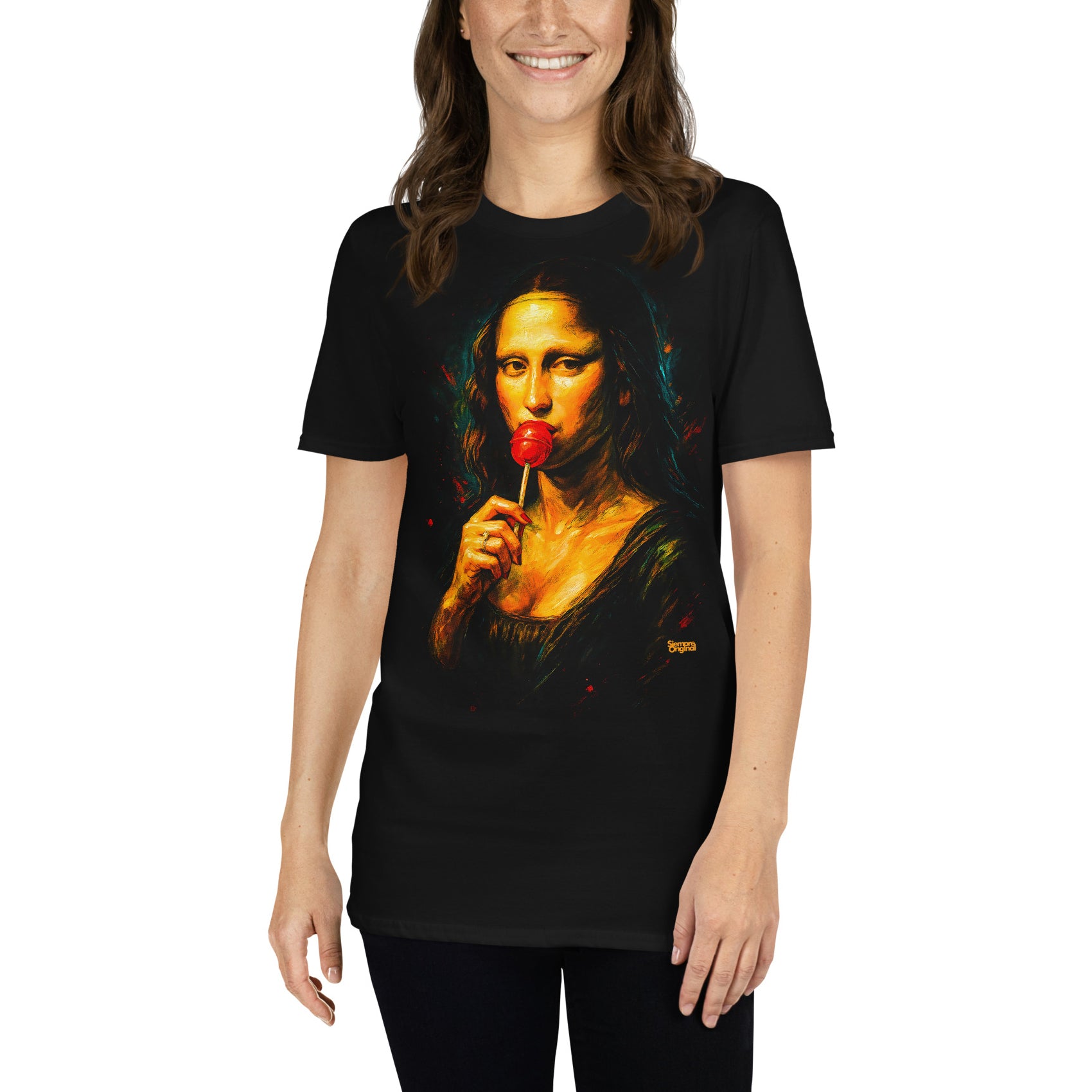 mujer con camiseta mona lisa gioconda lollipop urbanwear en color negro
