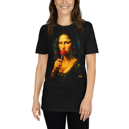 mujer con camiseta mona lisa gioconda lollipop urbanwear en color negro