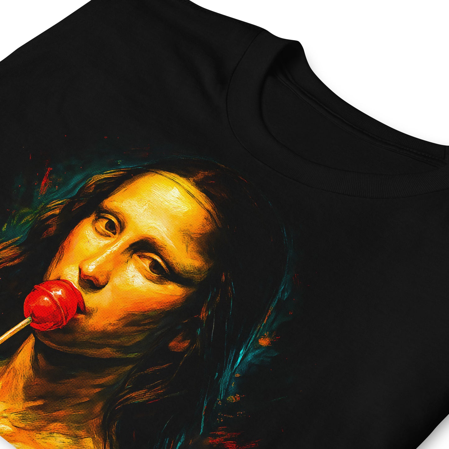 detalle de camiseta mona lisa gioconda lollipop urbanwear en color negro