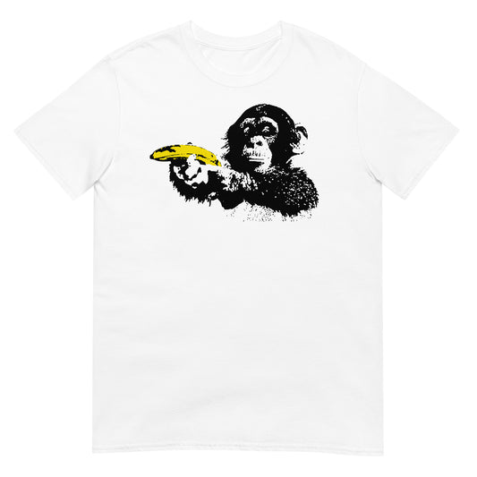 camiseta monkey with banana banksy arte urbano blanca
