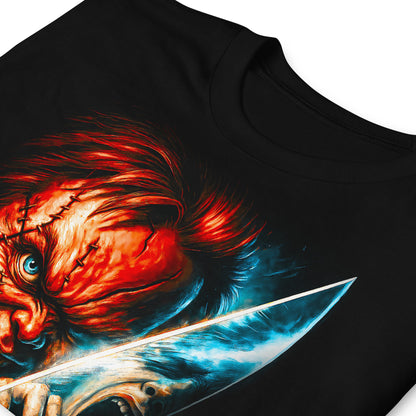 Detalle de camiseta negra Muñeco Diabólico inspirada en Chucky con cuchillo