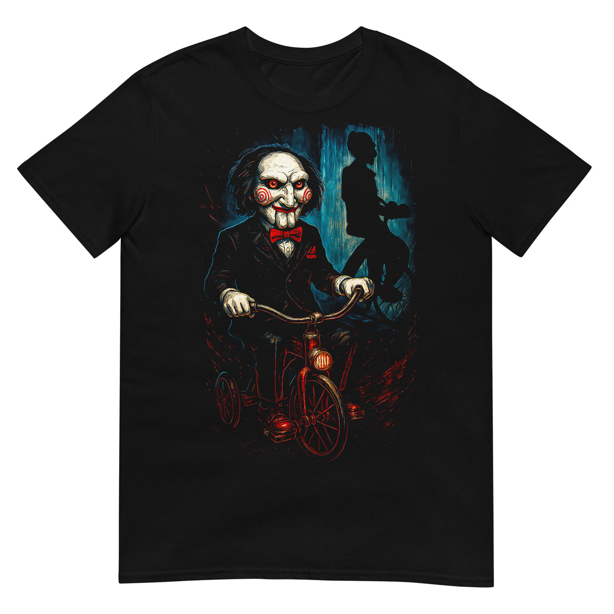 Camiseta negra inspirada en Billy de Saw con triciclo