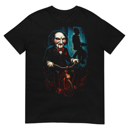 Camiseta negra inspirada en Billy de Saw con triciclo