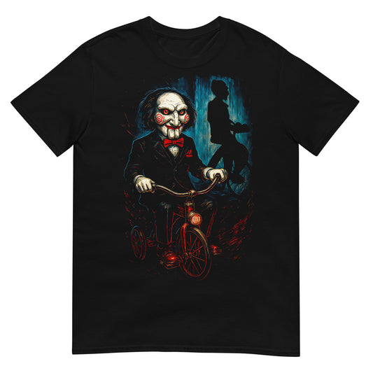 Camiseta negra inspirada en Billy de Saw con triciclo