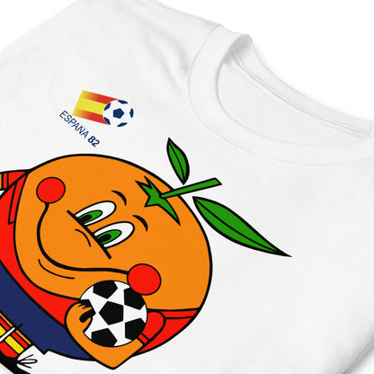 detalle de camiseta naranjito espana 82 blanca