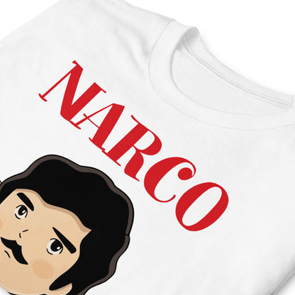 detalle de camiseta narco marco amedio pablo escobar en color ablanco