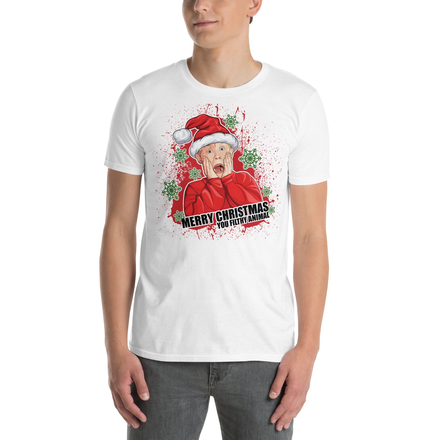 hombre con camiseta feliz navidad gusano miserable solo en casa blanca