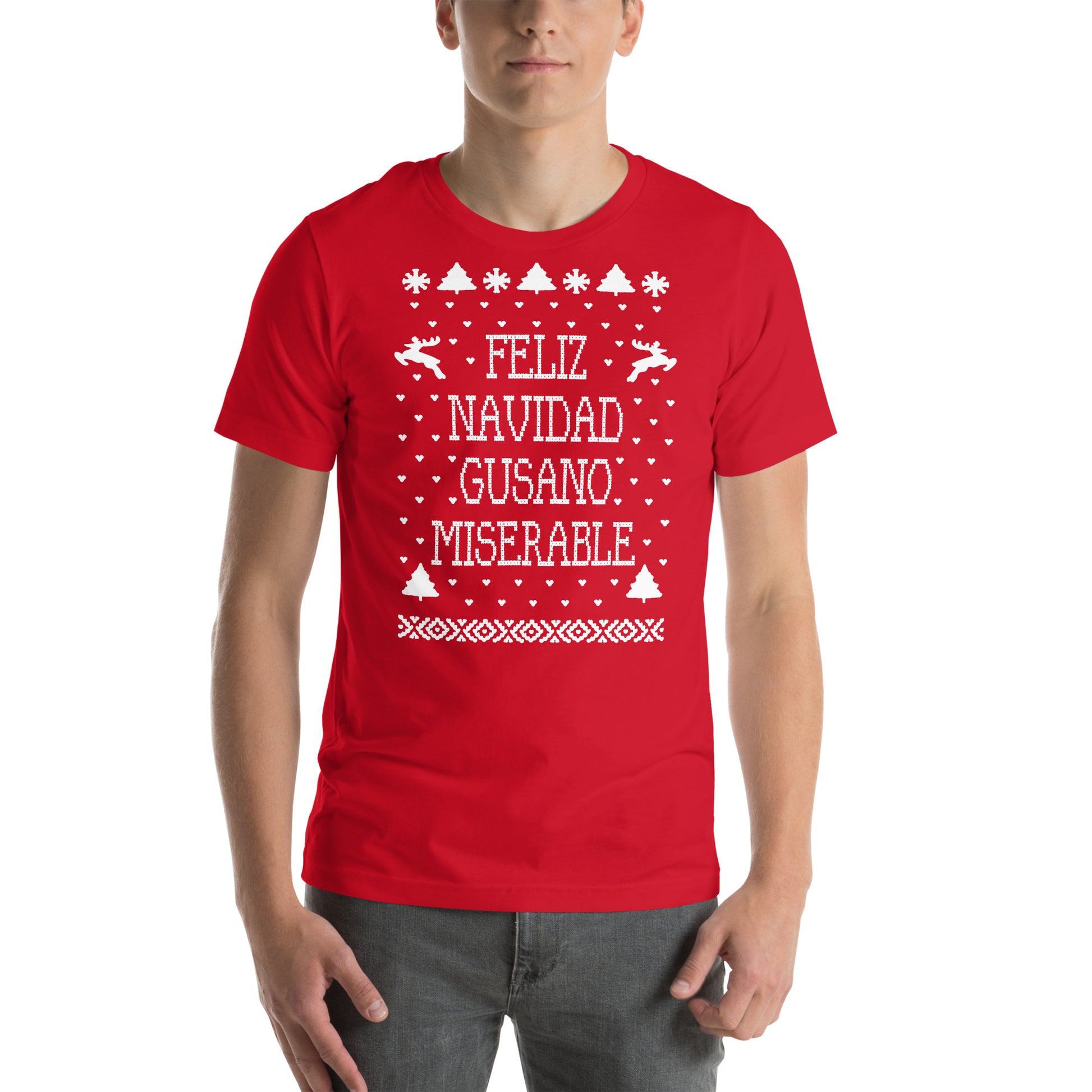 hombre con camiseta feliz navidad gusano miserable solo en casa roja