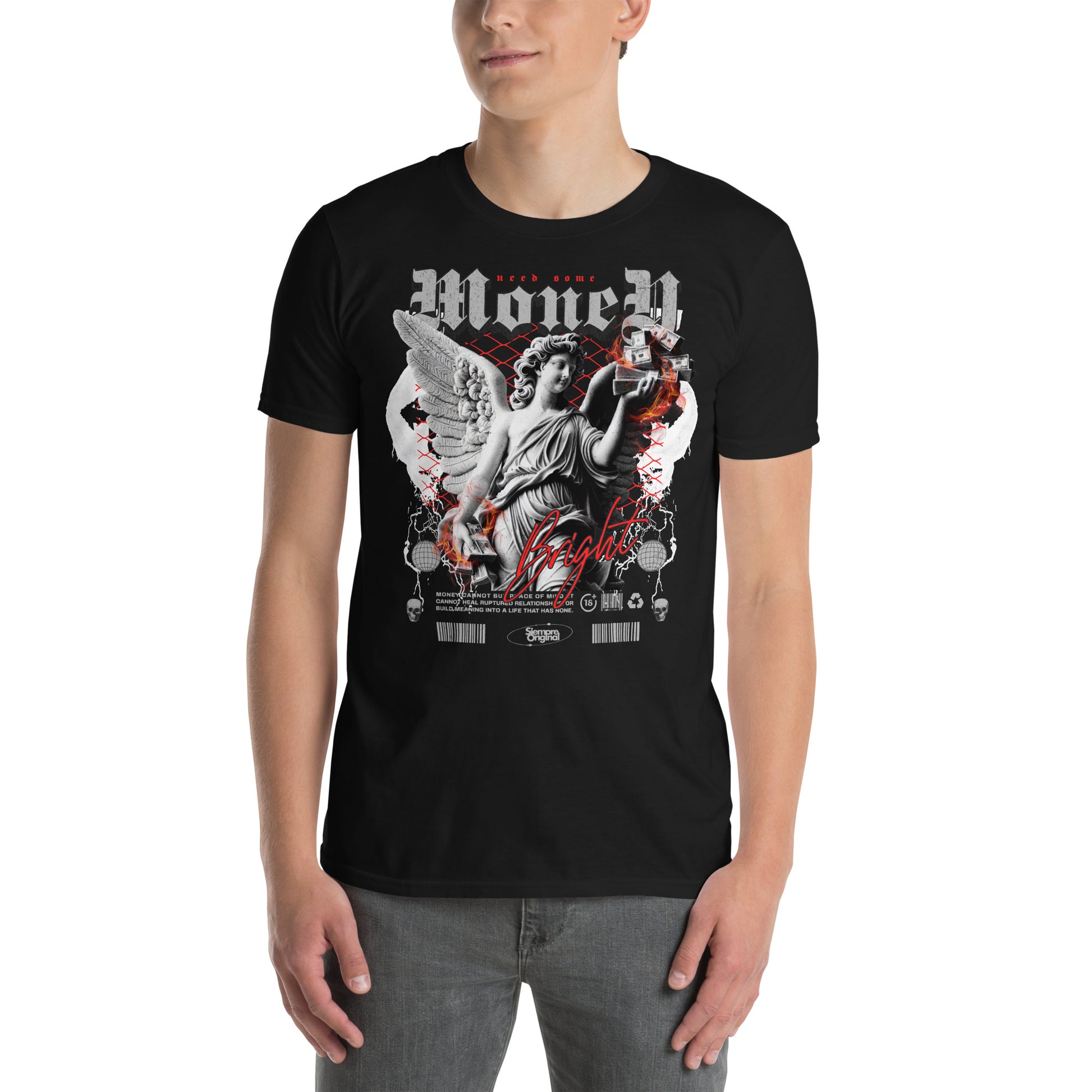 hombre con camiseta need some money angel siempre original urban en color negro