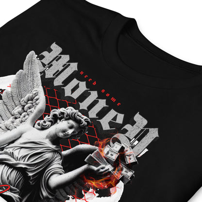 detalle de camiseta need some money angel siempre original urban en color negro