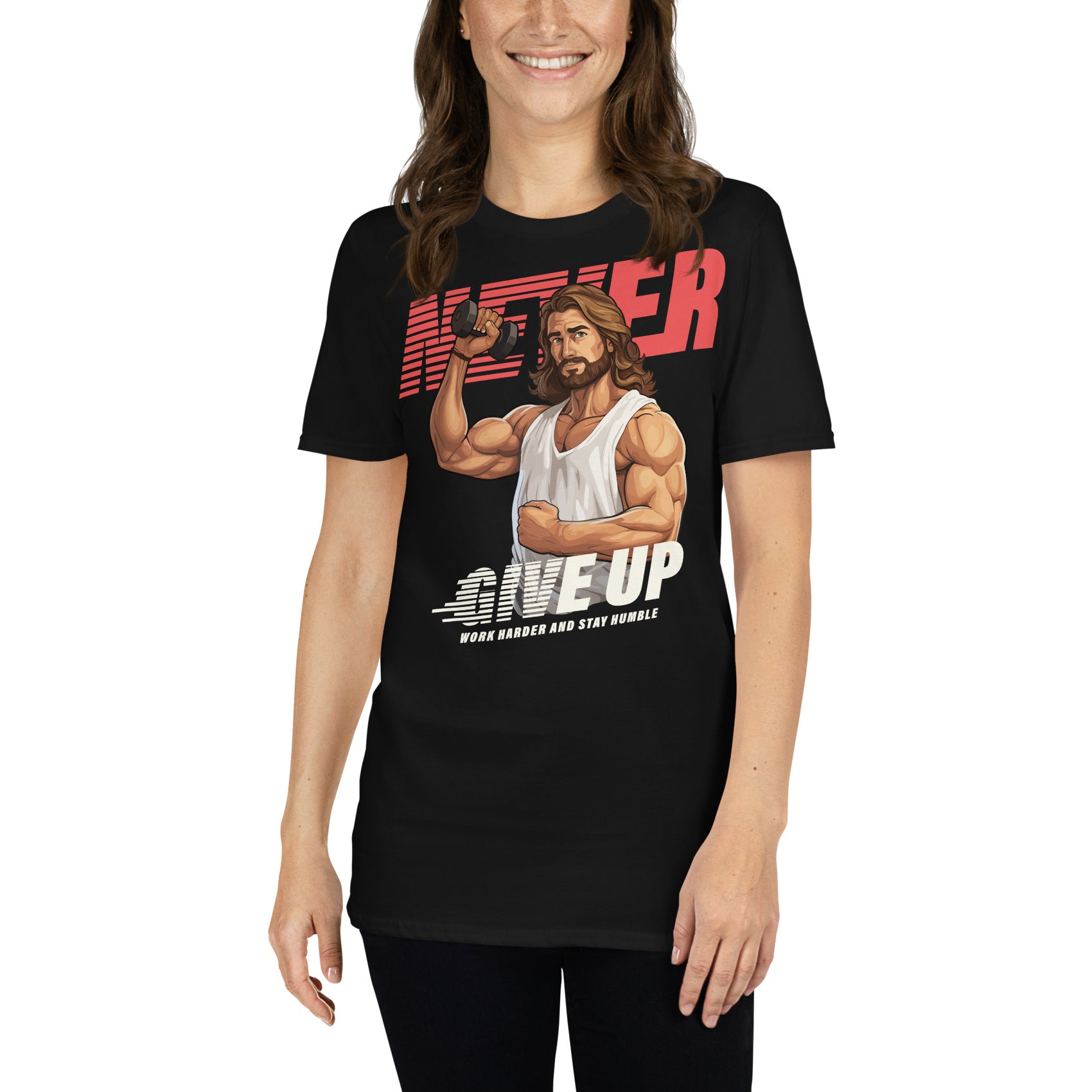 mujer con camiseta never give up nunca te rindas jesus gym fitness en color negro