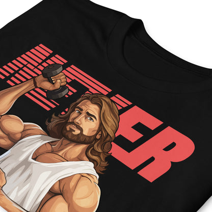 detalle de camiseta never give up nunca te rindas jesus gym fitness en color negro