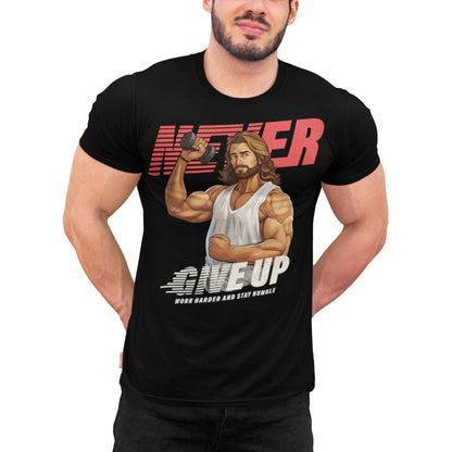hombre con camiseta never give up nunca te rindas jesus gym fitness en color negro