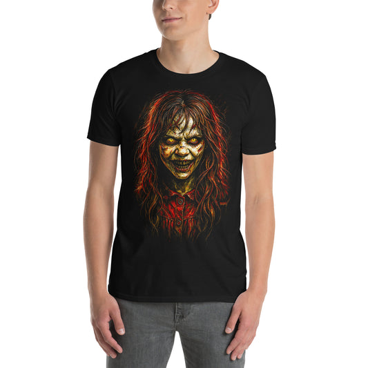 Hombre con camiseta negra Niña Poseída inspirada en Regan de El Exorcista