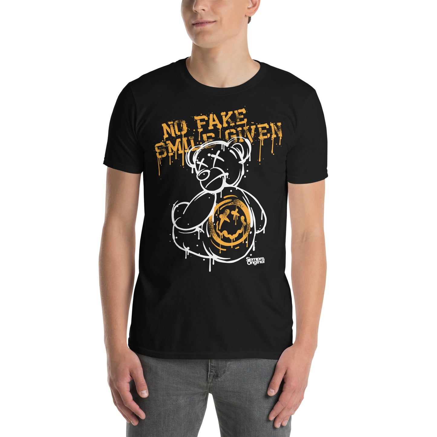 hombre con camiseta no fake smile given teddy bear siempre original urban en color negro