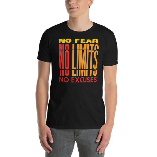 hombre con camiseta no fear no limits no excuses gimnasio fitness en color negro