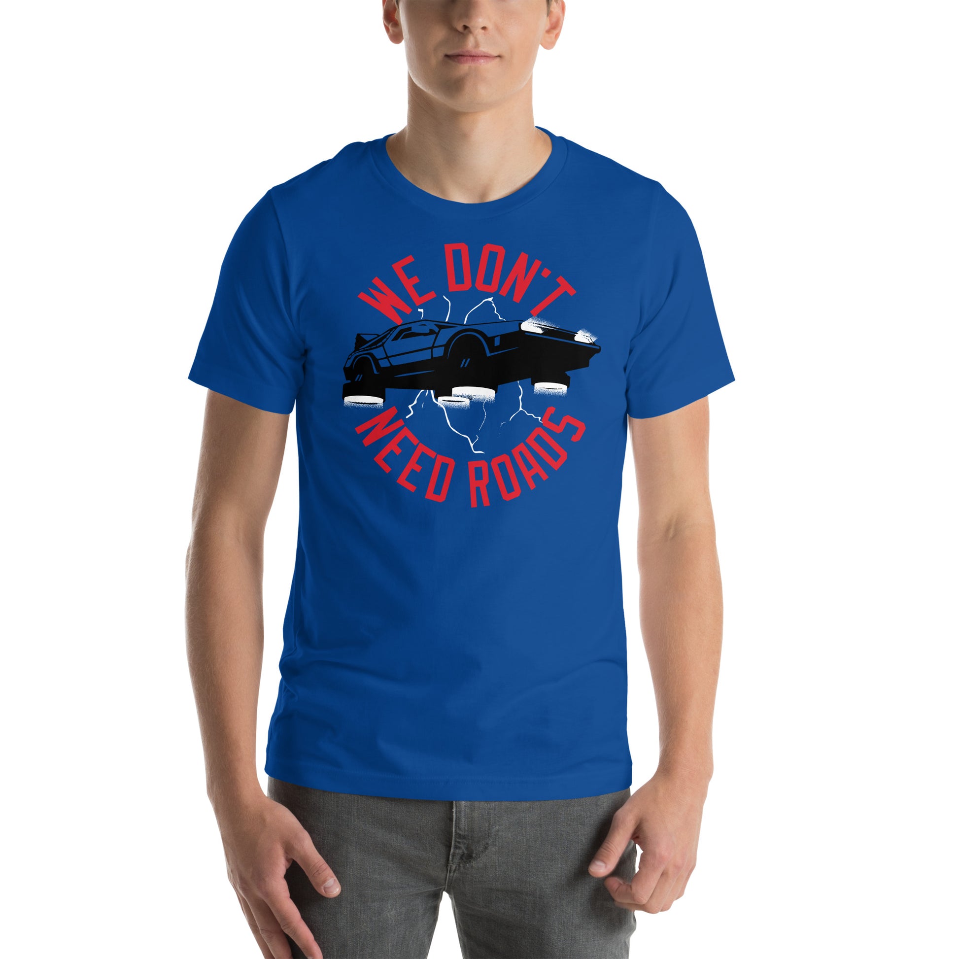 hombre con camiseta no necesitamos carreteras back to the future regreso al futuro en color azul royal