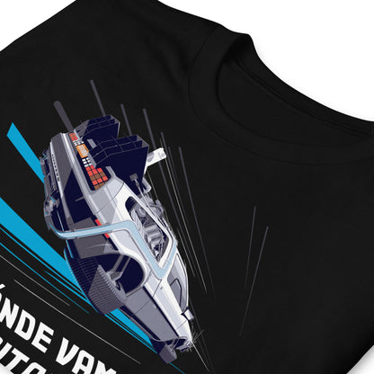 detalle de camiseta no necesitamos carreteras delorean negra