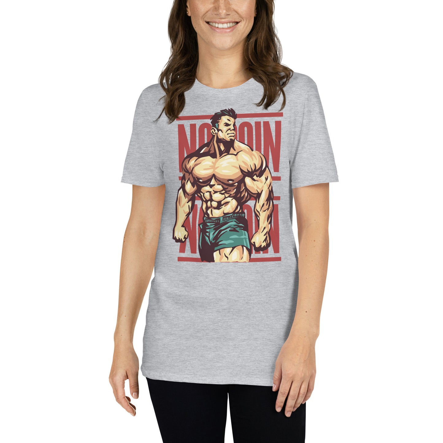 mujer con camiseta no pain no gain gym gimnasio fitness en color gris