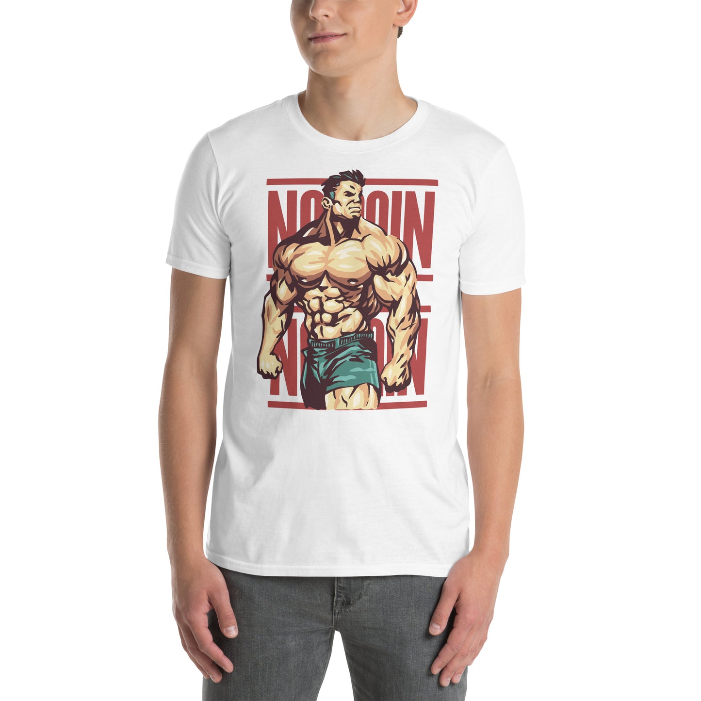 hombre con camiseta no pain no gain gym gimnasio fitness en color blanco