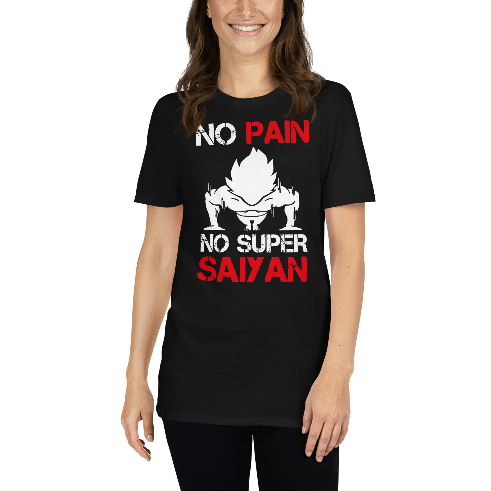 mujer con camiseta no pain no gain gym gimnasio fitness en color negro