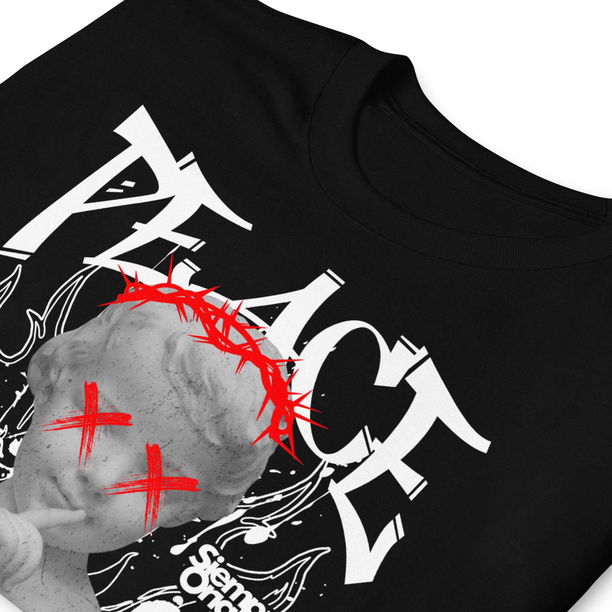 detalle de camiseta no peace without love jesus siempre original urban en color negro