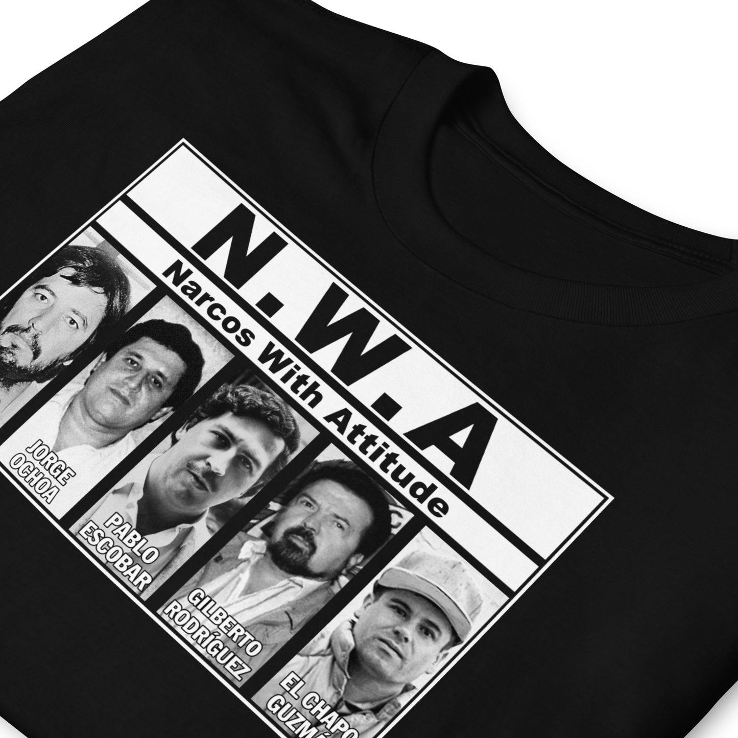 detalle de camiseta nwa narcos pablo escobar el chapo guzman negra