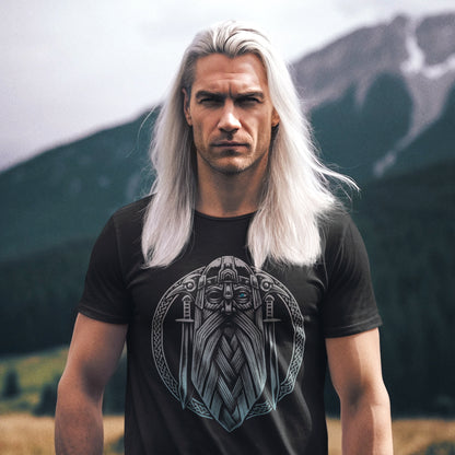 hombre con camiseta odin vikingo negra