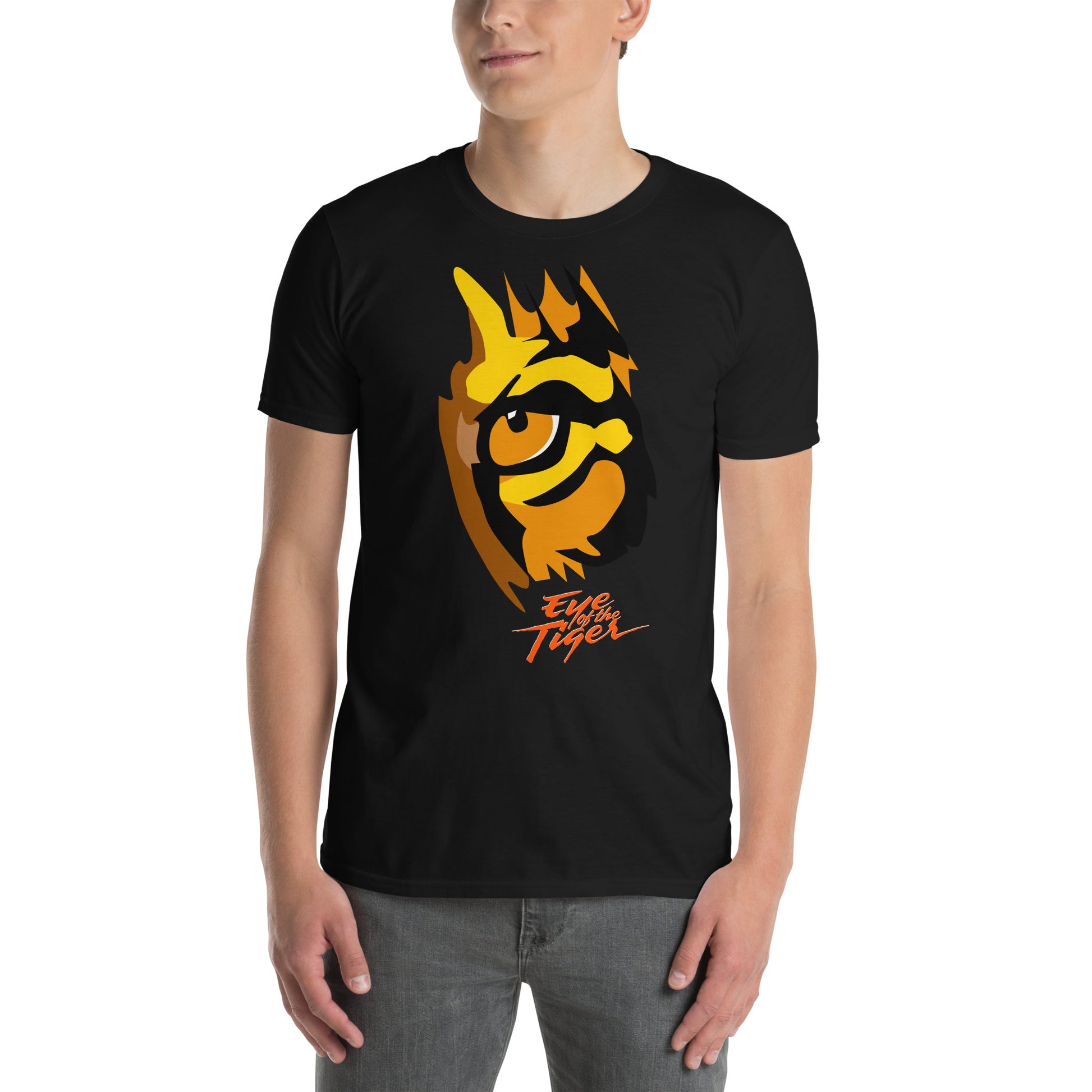 hombre con camiseta eye of the tiger rocky boxeo negra