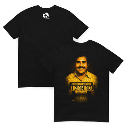 camiseta pablo escobar foto carcel medellin delante y detras negra