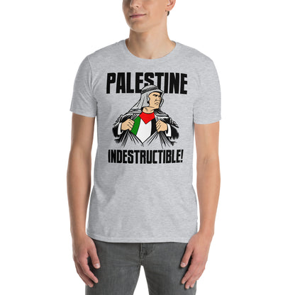 hombre con camiseta palestina indestructible gaza israel en color gris