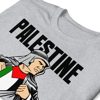 detalle de camiseta palestina indestructible gaza israel en color gris