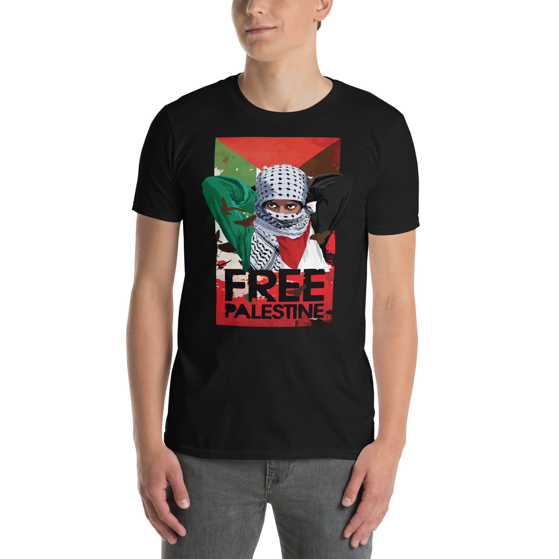 hombre con camiseta palestina libre free palestine gaza israel en color negro