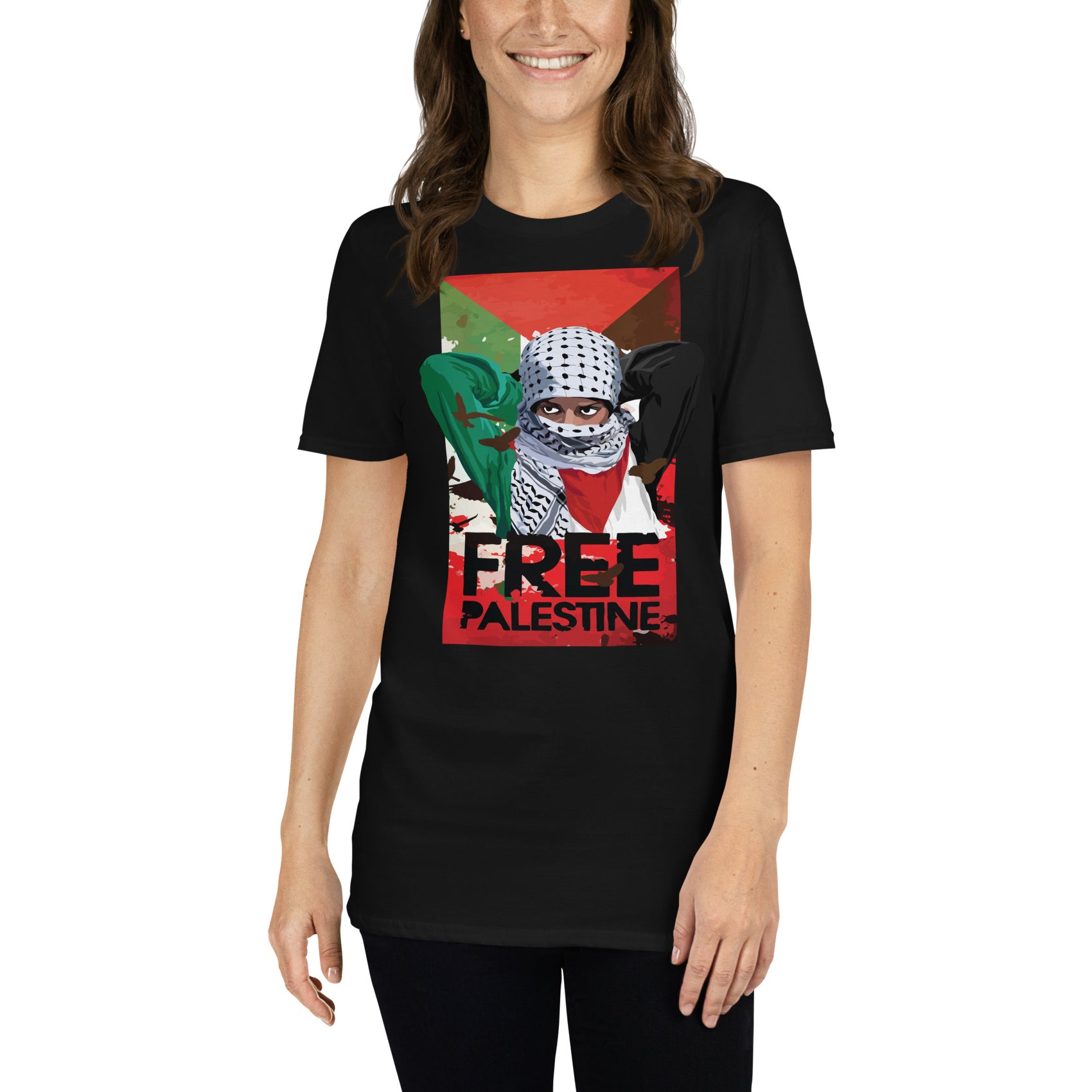 mujer con camiseta palestina libre free palestine gaza israel en color negro