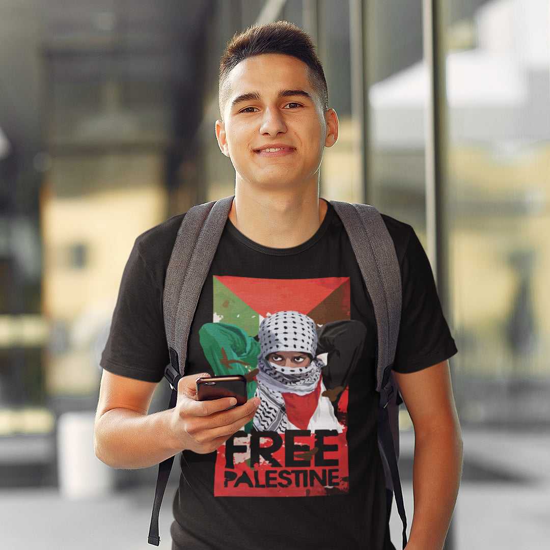 man wearing black free palestine t-shirt